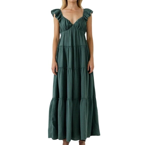 Fall Boho Women's Green maxi dress with Raw Edge. Size L. Free The Roses - Picture 5 of 5